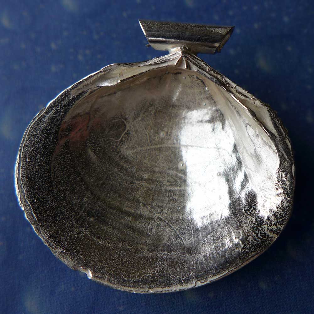 Inselschmuck Tellmuschel Anhänger Raspel Rückseite