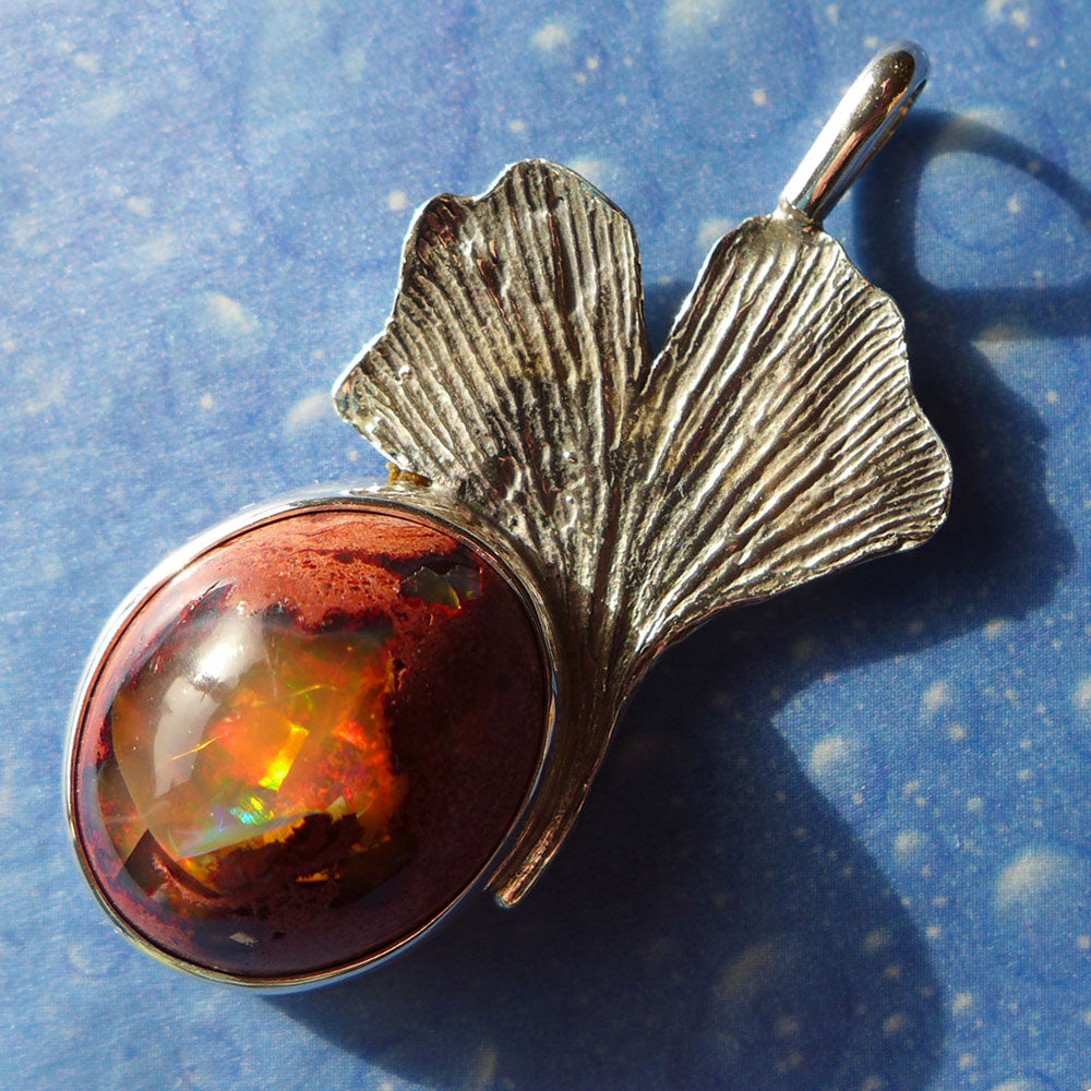 Ginkgo Schmuck Feueropal Anhänger Silber