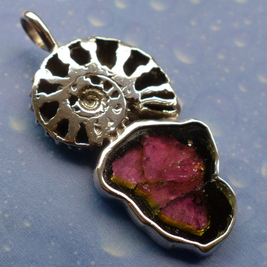 Wassermelonen Turmalin Ammonit Kette echt Silber